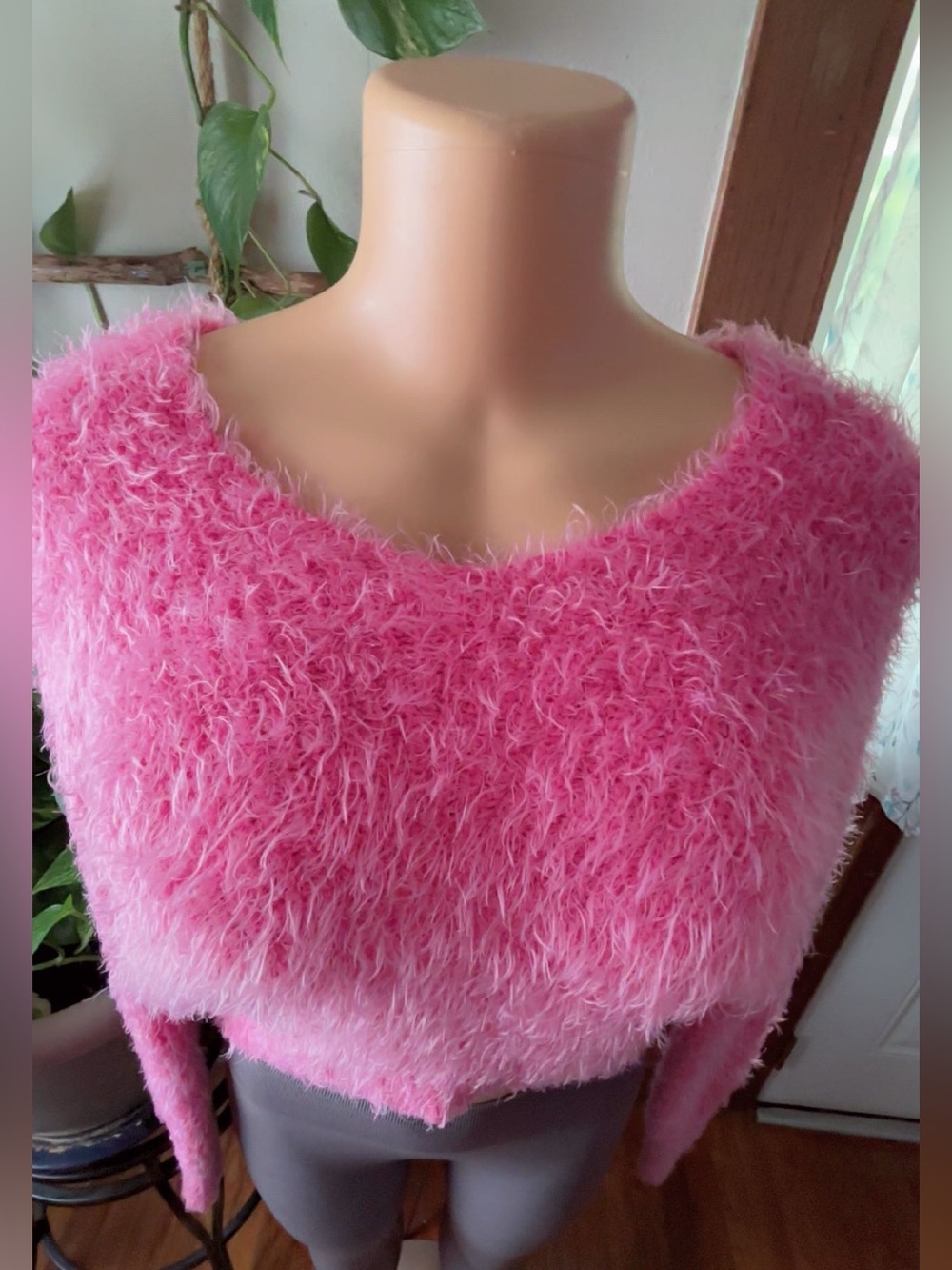 Fuzzy Scoop-Neck Pink Women's Sweater